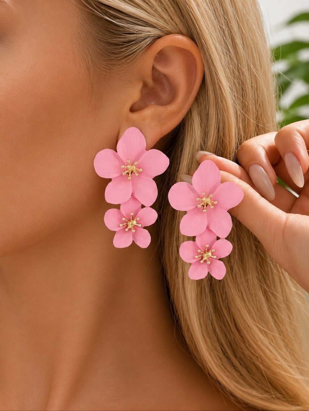 Pink Floral Drop Earrings with Gold Detail